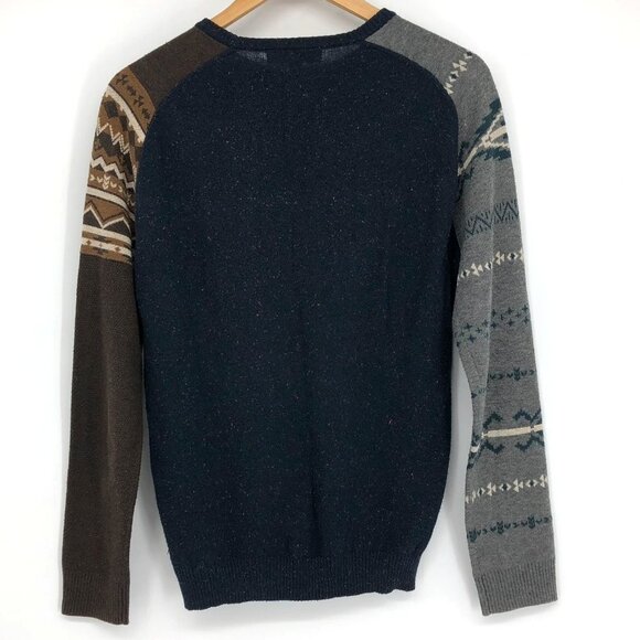 Fairwhale Navy Speckled crewneck sweater contrast stripe  grey brown sleeves Med - Picture 2 of 12